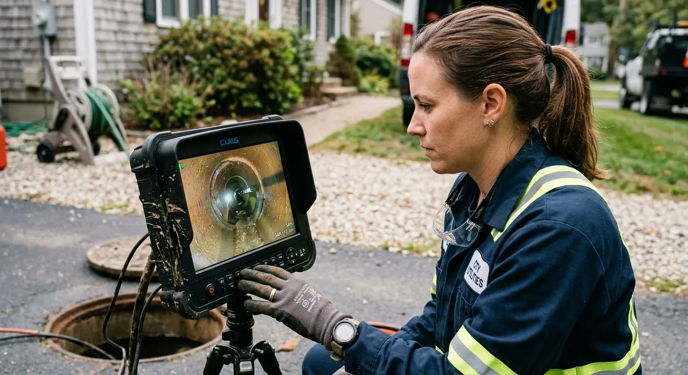 Technician reviewing sewer camera inspection footage in Eureka